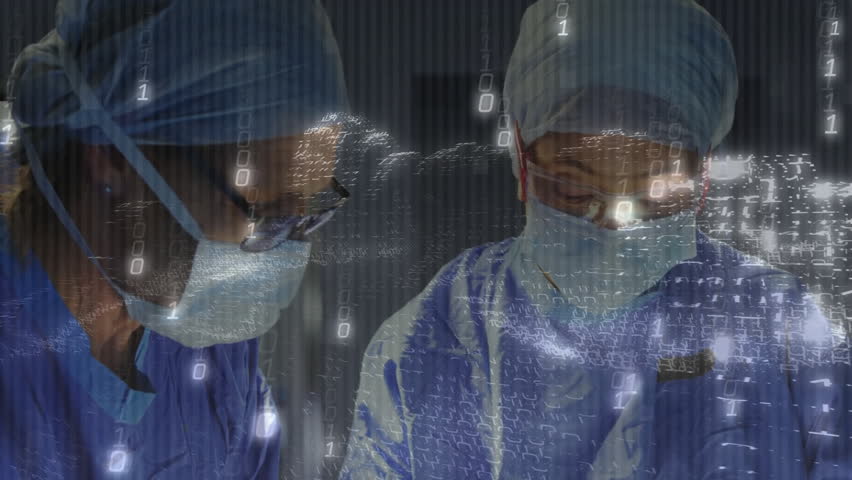Female surgeons discussing medical procedure in operating room, showcasing binary code overlay. Medical, innovation, technology, collaboration, healthcare, futuristic, analysis - Powered by Shutterstock - Get 15% off with code: PIKWIZARD15