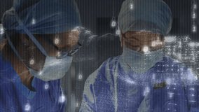 Female surgeons discussing medical procedure in operating room, showcasing binary code overlay. Medical, innovation, technology, collaboration, healthcare, futuristic, analysis - Powered by Shutterstock - Get 15% off with code: PIKWIZARD15