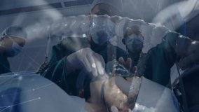 Doctor holding anesthesia mask and nurse adjusting surgical light, showing digital grid overlay. Medical, healthcare, innovation, technology, teamwork, professionalism, sterile - Powered by Shutterstock - Get 15% off with code: PIKWIZARD15