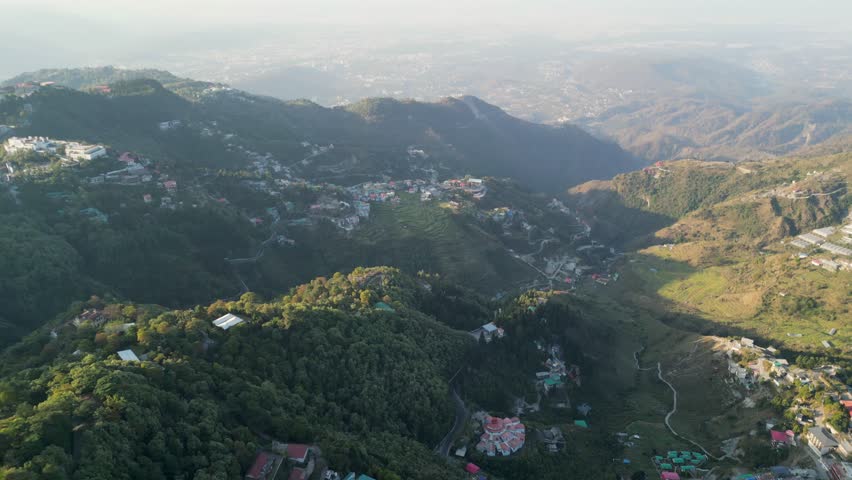 beautiful architec buldings on hill in mussoorie drone view in india