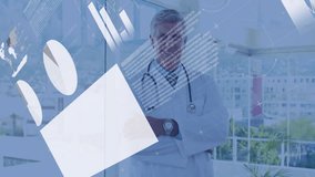 Senior male doctor standing in medical office, overlaying digital charts with 45% and 71% labels. Professional, healthcare, analytics, modern, urban, data, consultation - Powered by Shutterstock - Get 15% off with code: PIKWIZARD15