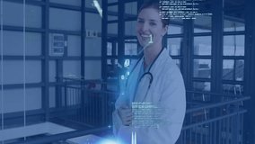 female doctor analyzing medical data on tablet in research lab, with floating code symbols. Medical, technology, innovation, futuristic, healthcare, professional, interior - Powered by Shutterstock - Get 15% off with code: PIKWIZARD15