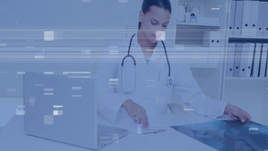 female doctor examining X-ray film in medical office, overlaying glitch lines and data rectangles. Medical, professional, minimalist, healthcare, technology, diagnostic, clinical