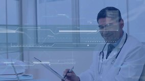 Doctor reviewing patient notes in medical office, displaying digital interface with animated charts. Medical, professional, technology, healthcare, consultation, clinical, digital - Powered by Shutterstock - Get 15% off with code: PIKWIZARD15