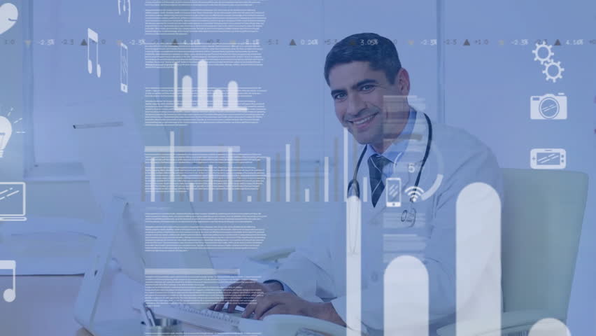 Male doctor sitting at desk typing on laptop in medical office, showcasing floating health charts. Healthcare, telemedicine, digital health, informatics, professional, technology, analysis - Powered by Shutterstock - Get 15% off with code: PIKWIZARD15