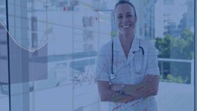Female doctor wearing white coat standing by window, showing health tech charts and stock graphs. Medical, healthcare, technology, professional, urban, innovation, consultancy - Powered by Shutterstock - Get 15% off with code: PIKWIZARD15
