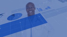 doctor crossing arms in medical clinic with digital charts graphs and percentage figures floating. Medical, healthcare, technology, data, analytics, professional, innovation - Powered by Shutterstock - Get 15% off with code: PIKWIZARD15