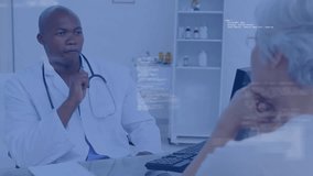 Male doctor holding stethoscope while patient listening at medical desk, floating code snippets. Healthcare, professionalism, consultation, diagnostic, medical, clinic, technology - Powered by Shutterstock - Get 15% off with code: PIKWIZARD15