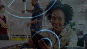 business team collaborating in open‑plan office, showing holographic gears and interface graphics. Collaboration, teamwork, innovation, technology, modern, workspace, communication - Powered by Shutterstock - Get 15% off with code: PIKWIZARD15