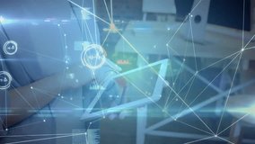 Woman reviewing technology data at desk, with floating network lines and interactive charts. Futuristic, technology, connectivity, analytics, modern, innovative, digital - Powered by Shutterstock - Get 15% off with code: PIKWIZARD15