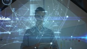 Man interacting with smartphone in office, showing animated technology network nodes and bar charts. Technology, innovation, futuristic, analytics, visualization, professional, urban - Powered by Shutterstock - Get 15% off with code: PIKWIZARD15