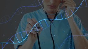 Male doctor holding stethoscope and presenting floating digital DNA helix for medical technology. Medical, healthcare, innovation, biotechnology, diagnostic, technology, science - Powered by Shutterstock - Get 15% off with code: PIKWIZARD15