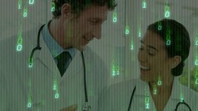 Female doctor holding tablet and male doctor standing, integrating binary code overlay for health. Medical, collaboration, technology, digital, innovation, healthcare, professional - Powered by Shutterstock - Get 15% off with code: PIKWIZARD15