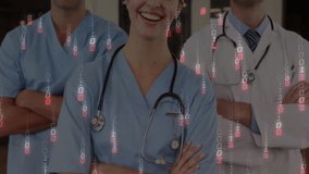 Healthcare team standing in hallway, highlighting scrubs, lab coat, stethoscopes and binary code. Medical staff, healthcare, technology, digital, professionalism, collaboration, innovation - Powered by Shutterstock - Get 15% off with code: PIKWIZARD15