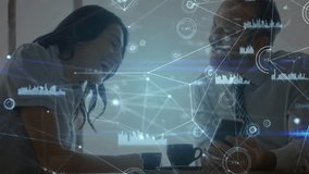 Woman and man analyzing business data, interacting with smartphone, mug and network charts. Collaboration, technology, modern, professional, innovation, networking, communication - Powered by Shutterstock - Get 15% off with code: PIKWIZARD15