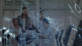 Business team collaborating around laptop and tablet in office, showcasing world map data overlay. Technology, teamwork, innovation, digital, modern, presentation, communication - Powered by Shutterstock - Get 15% off with code: PIKWIZARD15