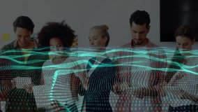 Tech team analyzing smartphones, tablet and laptop with animated binary waveform data overlays. Technology, innovation, collaboration, digital, office, data, teamwork - Powered by Shutterstock - Get 15% off with code: PIKWIZARD15