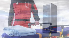 Man standing wearing medical uniform combining health with cloud data infrastructure code overlay. Healthcare, technology, cybersecurity, data, innovation, professional, digital - Powered by Shutterstock - Get 15% off with code: PIKWIZARD15