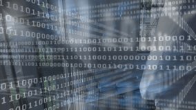 IT professional reviewing smartphone data in corridor, with binary code animating on glass railing. Technology, innovation, modernism, communication, urban, digital, connectivity - Powered by Shutterstock - Get 15% off with code: PIKWIZARD15