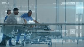 Medical team pushing stretcher through corridor, displaying animated HUD medical data overlays. Medical, healthcare, technology, teamwork, hospital, innovation, clinical - Powered by Shutterstock - Get 15% off with code: PIKWIZARD15