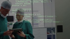 male doctor holding tablet while female doctor reviewing code overlay in health tech hospital. Medical, collaboration, futuristic, innovation, healthcare, technology, teamwork - Powered by Shutterstock - Get 15% off with code: PIKWIZARD15