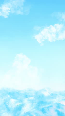 A vertical loop animation of a refreshing ocean with dolphins jumping against the backdrop of a blue sky. A watercolor-style landscape full of summer vibes.