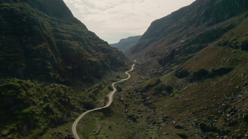 Drone shot of Gap of Dunloe mountain pass, reflection, lake and valley views, Part 2
