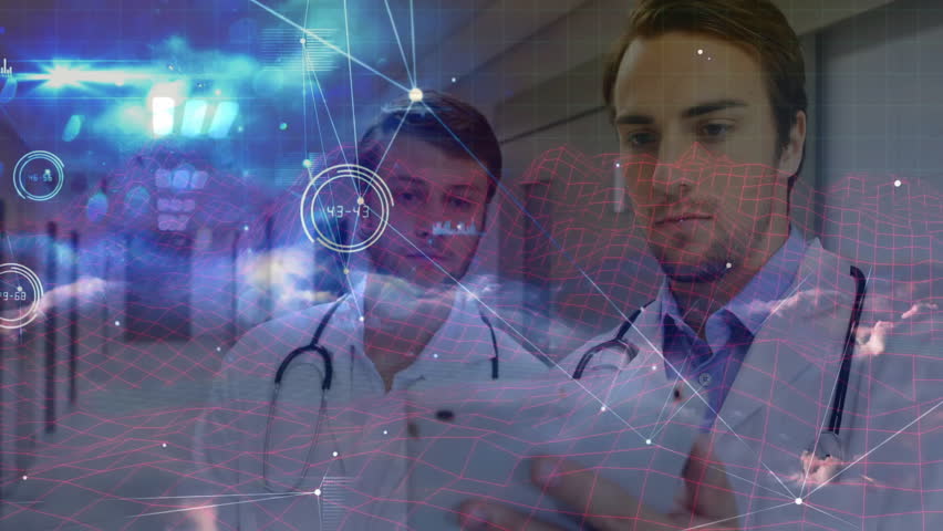 Two male doctors with stethoscopes discussing patient data in hospital hall, showing network graphs. Medical professionals, healthcare technology, digital interface, futuristic healthcare,