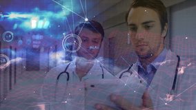 Two male doctors with stethoscopes discussing patient data in hospital hall, showing network graphs. Medical professionals, healthcare technology, digital interface, futuristic healthcare, - Powered by Shutterstock - Get 15% off with code: PIKWIZARD15