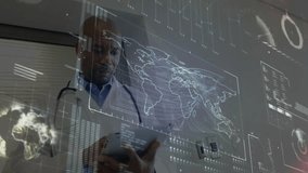 Male doctor interacting with tablet in medical lab displaying holographic world map chart overlay. Technology, healthcare, innovation, digital, professionalism, analytics, futurism - Powered by Shutterstock - Get 15% off with code: PIKWIZARD15