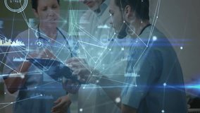 Medical team discussing analytics in clinic, overlaying network nodes and waveform charts. Healthcare, collaboration, technology, diagnostics, innovation, professionalism, digital - Powered by Shutterstock - Get 15% off with code: PIKWIZARD15