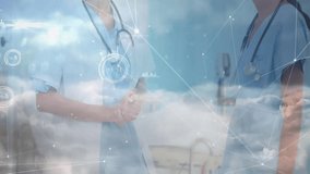 Nurse and senior doctor standing against cloud backdrop, showing holographic medical data graphs. Healthcare, innovation, technology, collaboration, futurism, analysis, digital - Powered by Shutterstock - Get 15% off with code: PIKWIZARD15