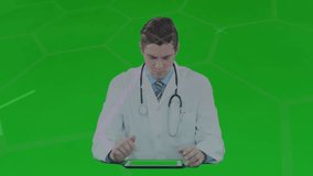 Doctor using tablet in health tech studio, displaying animated grid lines and plus signs. Medical professional, innovative, futuristic, digital interface, healthcare, technology, analysis - Powered by Shutterstock - Get 15% off with code: PIKWIZARD15