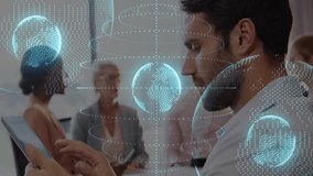 Team tapping tablet in room, projecting holographic globe and data overlays during tech discussion. Technology, collaboration, innovation, futuristic, networking, digital, enterprise - Powered by Shutterstock - Get 15% off with code: PIKWIZARD15