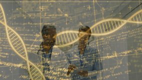 Male doctor and female nurse walking corridor examining tablet featuring DNA holographic strands. Medical, healthcare, science, technology, research, innovation, diagnostics - Powered by Shutterstock - Get 15% off with code: PIKWIZARD15