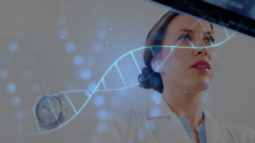 Woman wearing lab coat exploring medical lab space, with holographic DNA strand and glowing lights. Research, innovation, futuristic, biotechnology, healthcare, science, precision - Powered by Shutterstock - Get 15% off with code: PIKWIZARD15