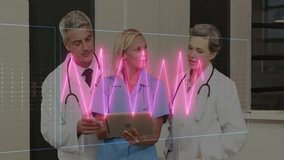 Medical professionals reviewing patient data indoors, overlaying ECG waveform on tablet screen. Healthcare, collaboration, technology, diagnostics, clinical, professionalism, digital - Powered by Shutterstock - Get 15% off with code: PIKWIZARD15