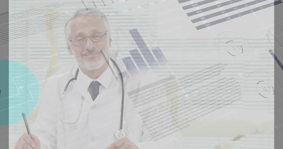 Male doctor writing notes in medical office, overlaying animated pie charts and line graphs. Professional, healthcare, analytics, research, consultation, modern, precision