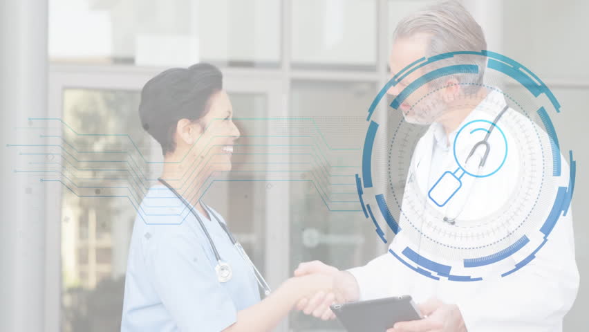 Doctor and nurse sharing tablet medical data in hospital corridor with digital interface. Healthcare, collaboration, technology, medical, innovation, professionalism, digital - Powered by Shutterstock - Get 15% off with code: PIKWIZARD15