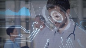 Male doctor studying holographic HUD data in medical hall, displaying charts and stethoscope. Futuristic, technology, healthcare, innovation, professionalism, clinical, digital - Powered by Shutterstock - Get 15% off with code: PIKWIZARD15