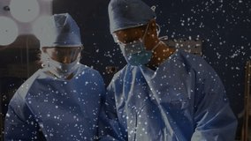 Two surgeons performing surgery in operating room, showing forceps use with DNA helix overlay. Medical, healthcare, clinical, innovation, teamwork, precision, diagnosis - Powered by Shutterstock - Get 15% off with code: PIKWIZARD15