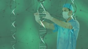 Surgeon crossing arms against green medical backdrop, showcasing floating DNA helix animations. Medical, innovation, futuristic, biotechnology, diagnostic, healthcare, scientific - Powered by Shutterstock - Get 15% off with code: PIKWIZARD15