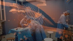 Surgical team performing surgery in OR, displaying animated DNA helix and medical patterns. Medical, healthcare, innovation, teamwork, precision, clinical, diagnostic - Powered by Shutterstock - Get 15% off with code: PIKWIZARD15