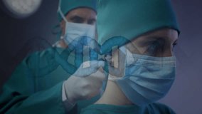 Female surgeon preparing surgery in clinical operating room, with floating DNA double helix graphic. Medical, innovation, healthcare, biotechnology, precision, collaboration, futuristic - Powered by Shutterstock - Get 15% off with code: PIKWIZARD15