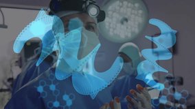 Surgical team performing surgery in high-tech operating room, with holographic DNA helix overlays. Medical, innovation, futuristic, healthcare, teamwork, precision, biotechnology - Powered by Shutterstock - Get 15% off with code: PIKWIZARD15
