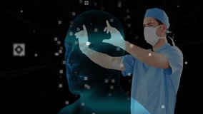 Male surgeon standing beside glowing 3D data head, interacting with medical tech network overlay. Medical, technology, futuristic, innovation, digital, healthcare, science - Powered by Shutterstock - Get 15% off with code: PIKWIZARD15
