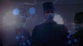 Surgeons manipulating holographic medical data interface in operating room with DNA helix visuals. Medical, innovation, technology, research, futuristic, healthcare, collaboration - Powered by Shutterstock - Get 15% off with code: PIKWIZARD15