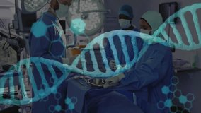 medical team performing surgery in hospital operating room, showing DNA helix and data overlays. Medical, healthcare, innovation, precision, teamwork, clinical, futuristic - Powered by Shutterstock - Get 15% off with code: PIKWIZARD15