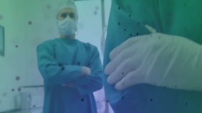 male surgeon operating beside surgical lights in operating room, with floating DNA helix overlay. Medical, professional, sterile, innovative, educational, clinical, precision - Powered by Shutterstock - Get 15% off with code: PIKWIZARD15