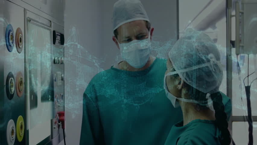 two surgeons examining medical gas panel in operating room, showing holographic network overlay. Medical, technology, innovation, healthcare, futuristic, teamwork, professional - Powered by Shutterstock - Get 15% off with code: PIKWIZARD15